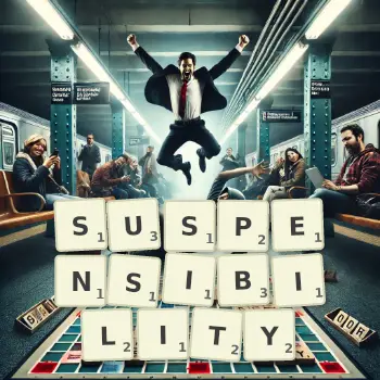 Creative illustration for a Scrabble game with the word SUSPENSIBILITY spelled out in tiles on the board.