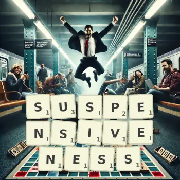Creative illustration for a Scrabble game with the word SUSPENSIVENESS spelled out in tiles on the board.