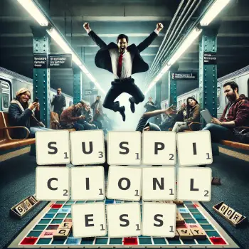 Creative illustration for a Scrabble game with the word SUSPICIONLESS spelled out in tiles on the board.
