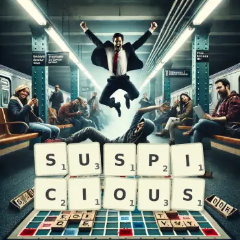 Creative illustration for a Scrabble game with the word SUSPICIOUS spelled out in tiles on the board.