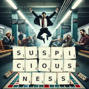 Creative illustration for a Scrabble game with the word SUSPICIOUSNESS spelled out in tiles on the board.