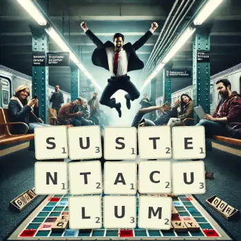 Creative illustration for a Scrabble game with the word SUSTENTACULUM spelled out in tiles on the board.