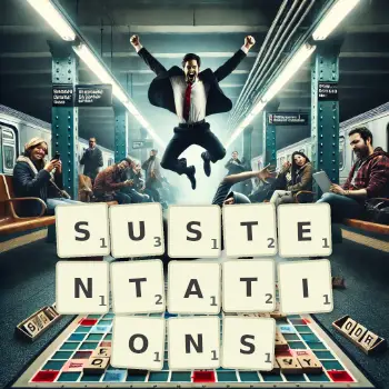 Creative illustration for a Scrabble game with the word SUSTENTATIONS spelled out in tiles on the board.
