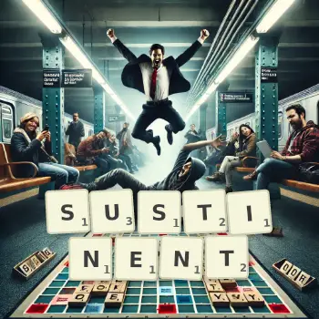 Creative illustration for a Scrabble game with the word SUSTINENT spelled out in tiles on the board.