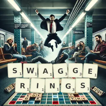 Creative illustration for a Scrabble game with the word SWAGGERINGS spelled out in tiles on the board.