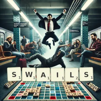 Creative illustration for a Scrabble game with the word SWAILS spelled out in tiles on the board.