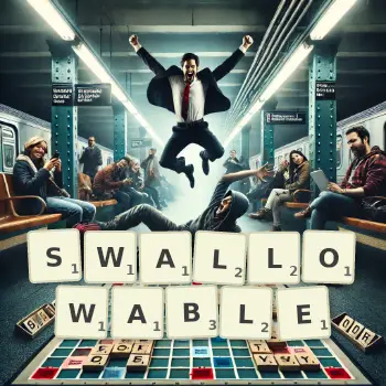 Creative illustration for a Scrabble game with the word SWALLOWABLE spelled out in tiles on the board.