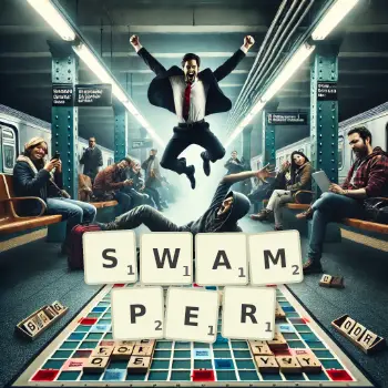 Creative illustration for a Scrabble game with the word SWAMPER spelled out in tiles on the board.