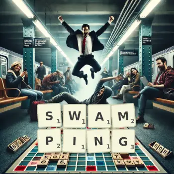 Creative illustration for a Scrabble game with the word SWAMPING spelled out in tiles on the board.