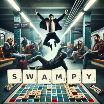 Creative illustration for a Scrabble game with the word SWAMPY spelled out in tiles on the board.