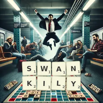 Creative illustration for a Scrabble game with the word SWANKILY spelled out in tiles on the board.