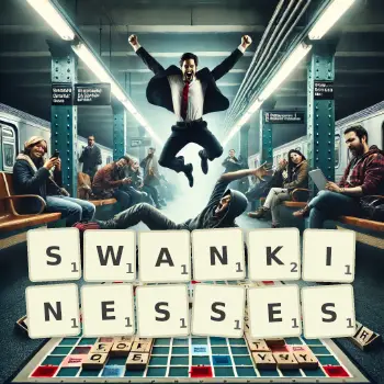 Creative illustration for a Scrabble game with the word SWANKINESSES spelled out in tiles on the board.