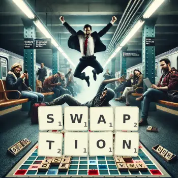Creative illustration for a Scrabble game with the word SWAPTION spelled out in tiles on the board.