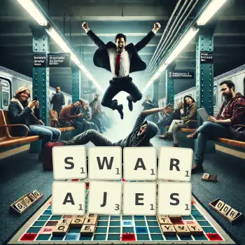 Creative illustration for a Scrabble game with the word SWARAJES spelled out in tiles on the board.