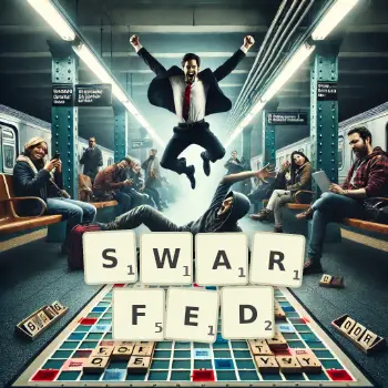Creative illustration for a Scrabble game with the word SWARFED spelled out in tiles on the board.