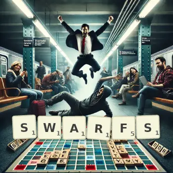 Creative illustration for a Scrabble game with the word SWARFS spelled out in tiles on the board.