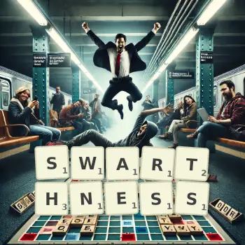 Creative illustration for a Scrabble game with the word SWARTHNESS spelled out in tiles on the board.