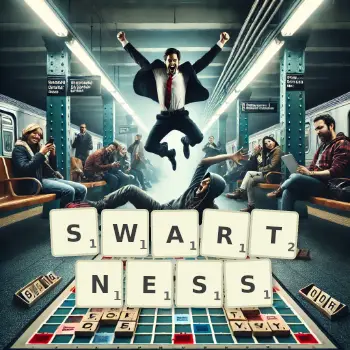 Creative illustration for a Scrabble game with the word SWARTNESS spelled out in tiles on the board.