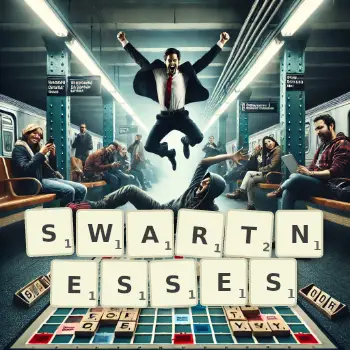 Creative illustration for a Scrabble game with the word SWARTNESSES spelled out in tiles on the board.