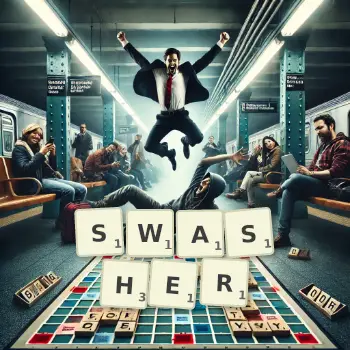 Creative illustration for a Scrabble game with the word SWASHER spelled out in tiles on the board.