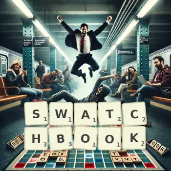 Creative illustration for a Scrabble game with the word SWATCHBOOK spelled out in tiles on the board.