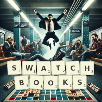 Creative illustration for a Scrabble game with the word SWATCHBOOKS spelled out in tiles on the board.