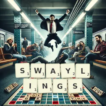 Creative illustration for a Scrabble game with the word SWAYLINGS spelled out in tiles on the board.