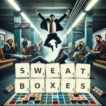Creative illustration for a Scrabble game with the word SWEATBOXES spelled out in tiles on the board.