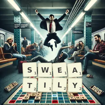Creative illustration for a Scrabble game with the word SWEATILY spelled out in tiles on the board.