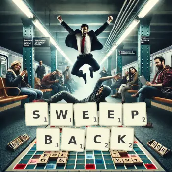 Creative illustration for a Scrabble game with the word SWEEPBACK spelled out in tiles on the board.