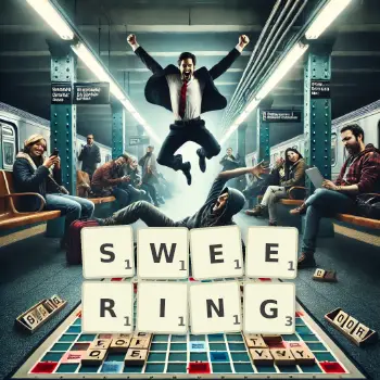 Creative illustration for a Scrabble game with the word SWEERING spelled out in tiles on the board.