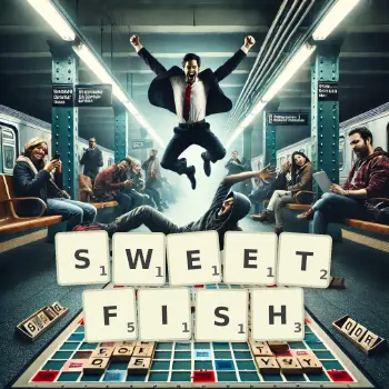 Creative illustration for a Scrabble game with the word SWEETFISH spelled out in tiles on the board.