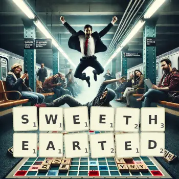 Creative illustration for a Scrabble game with the word SWEETHEARTED spelled out in tiles on the board.