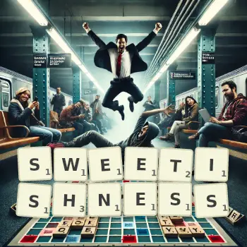 Creative illustration for a Scrabble game with the word SWEETISHNESS spelled out in tiles on the board.