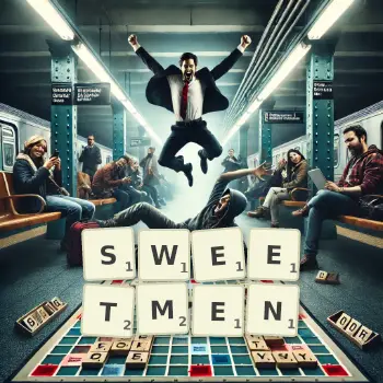 Creative illustration for a Scrabble game with the word SWEETMEN spelled out in tiles on the board.