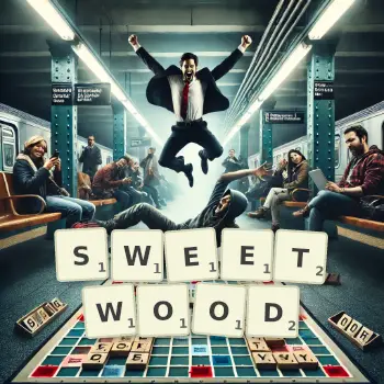 Creative illustration for a Scrabble game with the word SWEETWOOD spelled out in tiles on the board.