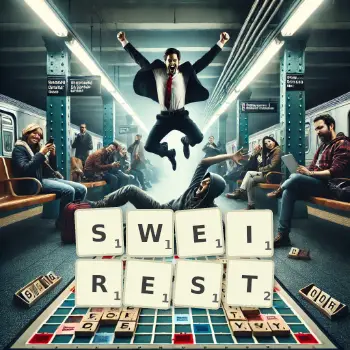 Creative illustration for a Scrabble game with the word SWEIREST spelled out in tiles on the board.