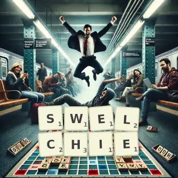 Creative illustration for a Scrabble game with the word SWELCHIE spelled out in tiles on the board.