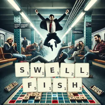 Creative illustration for a Scrabble game with the word SWELLFISH spelled out in tiles on the board.