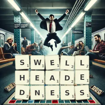 Creative illustration for a Scrabble game with the word SWELLHEADEDNESS spelled out in tiles on the board.
