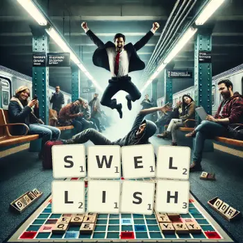 Creative illustration for a Scrabble game with the word SWELLISH spelled out in tiles on the board.