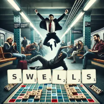 Creative illustration for a Scrabble game with the word SWELLS spelled out in tiles on the board.
