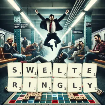 Creative illustration for a Scrabble game with the word SWELTERINGLY spelled out in tiles on the board.