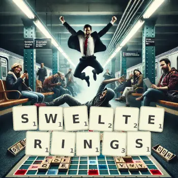 Creative illustration for a Scrabble game with the word SWELTERINGS spelled out in tiles on the board.