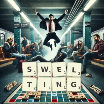 Creative illustration for a Scrabble game with the word SWELTING spelled out in tiles on the board.