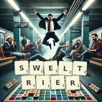 Creative illustration for a Scrabble game with the word SWELTRIER spelled out in tiles on the board.