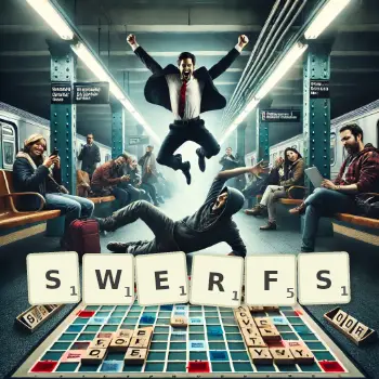 Creative illustration for a Scrabble game with the word SWERFS spelled out in tiles on the board.
