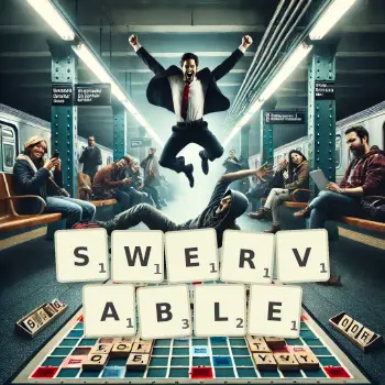 Creative illustration for a Scrabble game with the word SWERVABLE spelled out in tiles on the board.