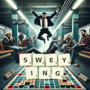 Creative illustration for a Scrabble game with the word SWEYING spelled out in tiles on the board.