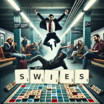 Creative illustration for a Scrabble game with the word SWIES spelled out in tiles on the board.